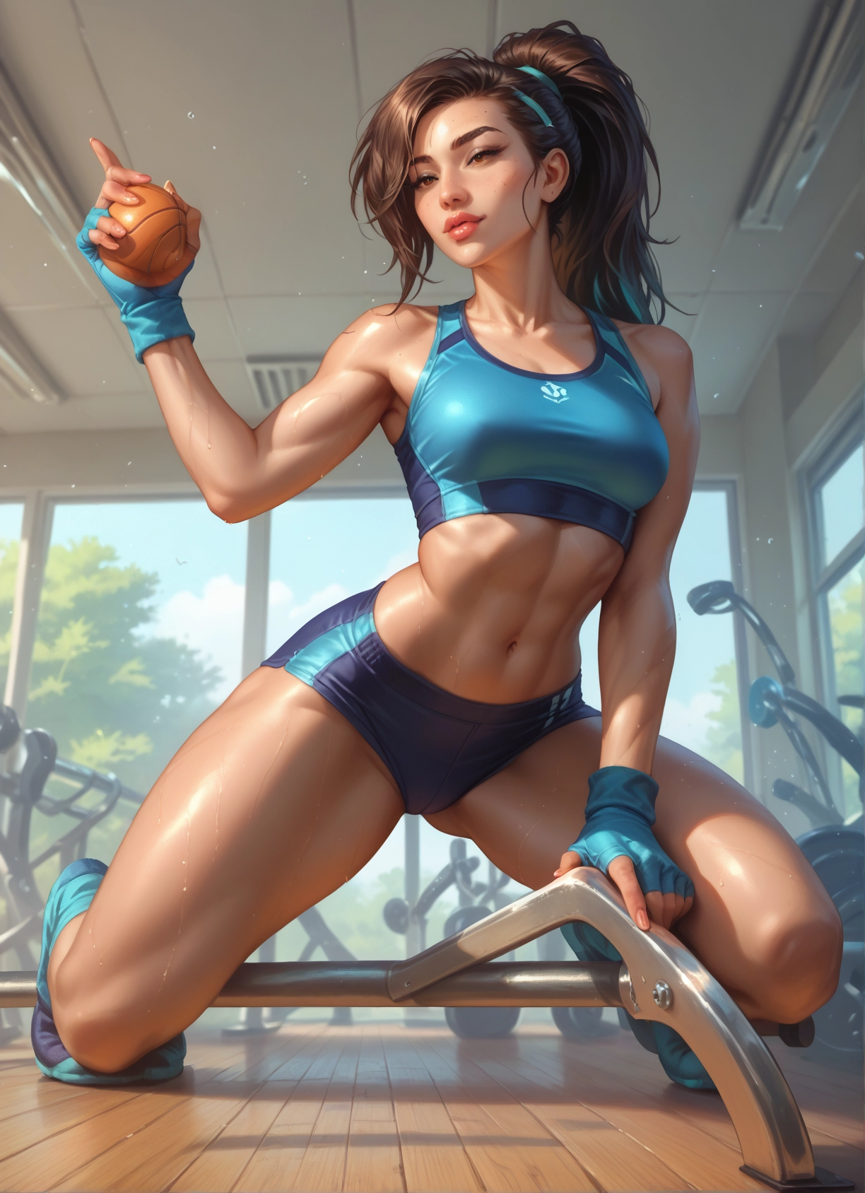 1girl, gloves, brown hair, solo, fingerless gloves, navel · Yamete.gg