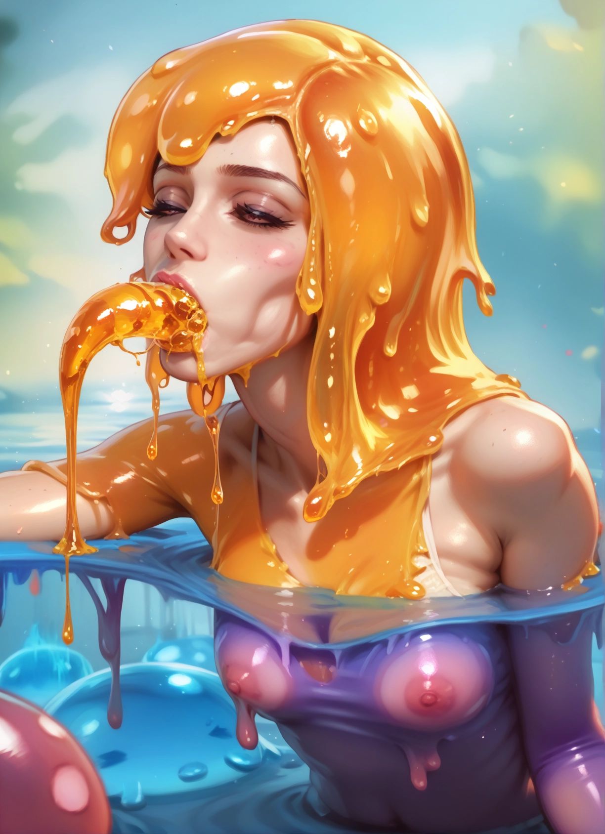 breasts, 1girl, nipples, slime girl, monster girl, closed eyes · Yamete.gg