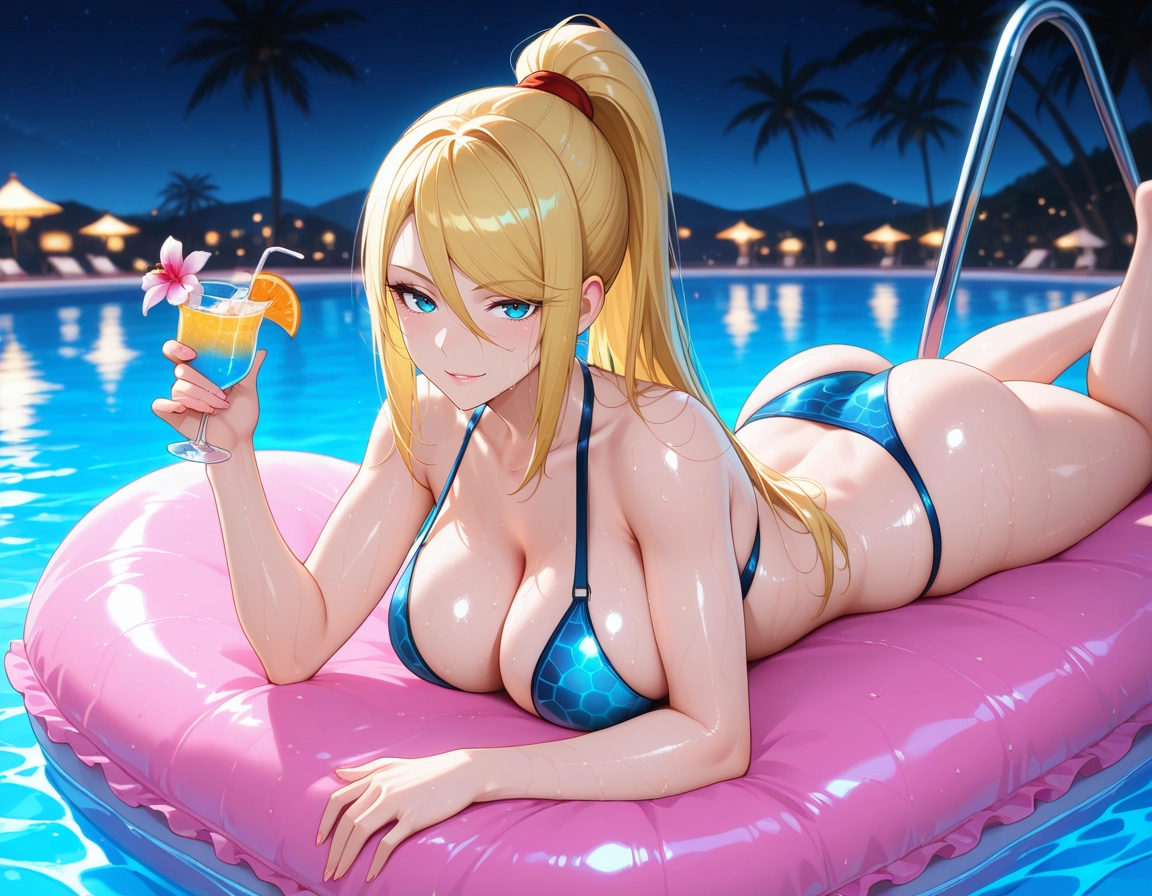 1girl, breasts, samus aran, swimsuit, pool, blonde hair · Yamete.gg