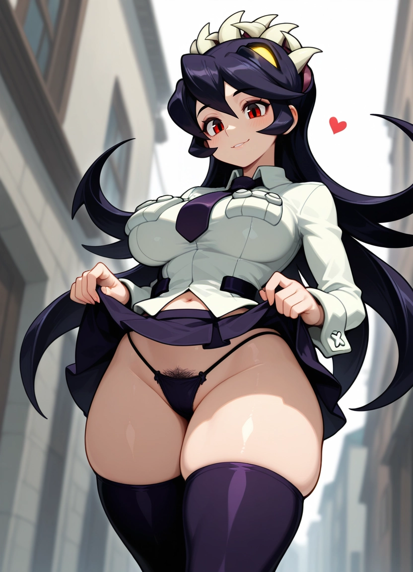 1girl, filia (skullgirls), breasts, skirt, thighhighs, underwear · Yamete.gg