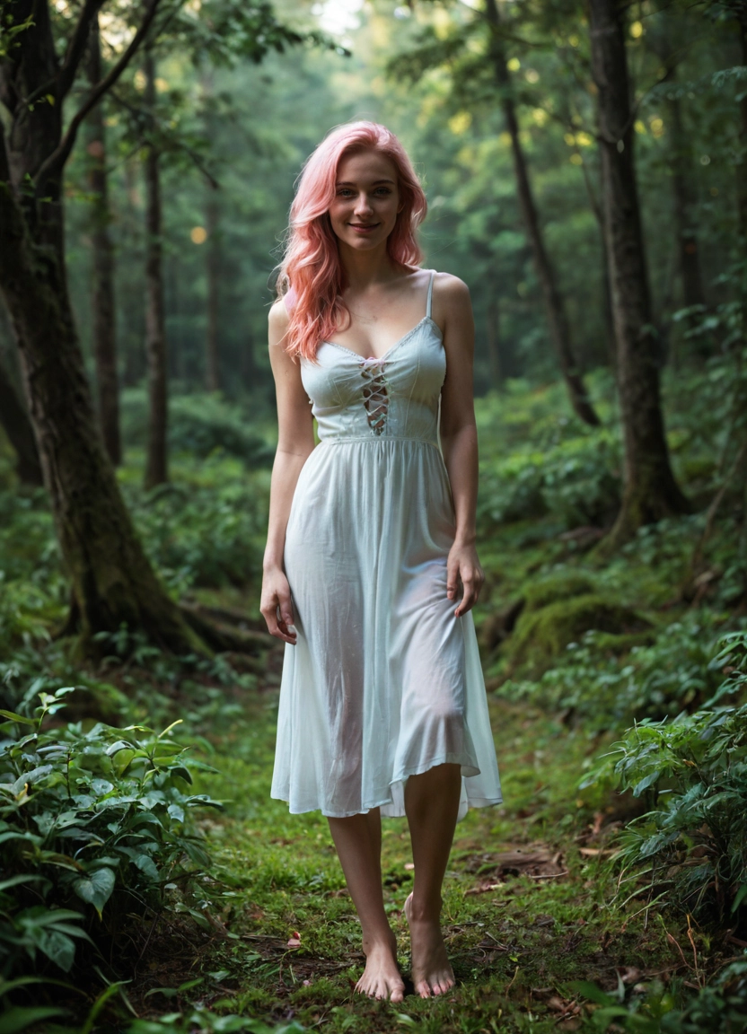 1girl, nature, solo, dress, forest, barefoot · Yamete.gg