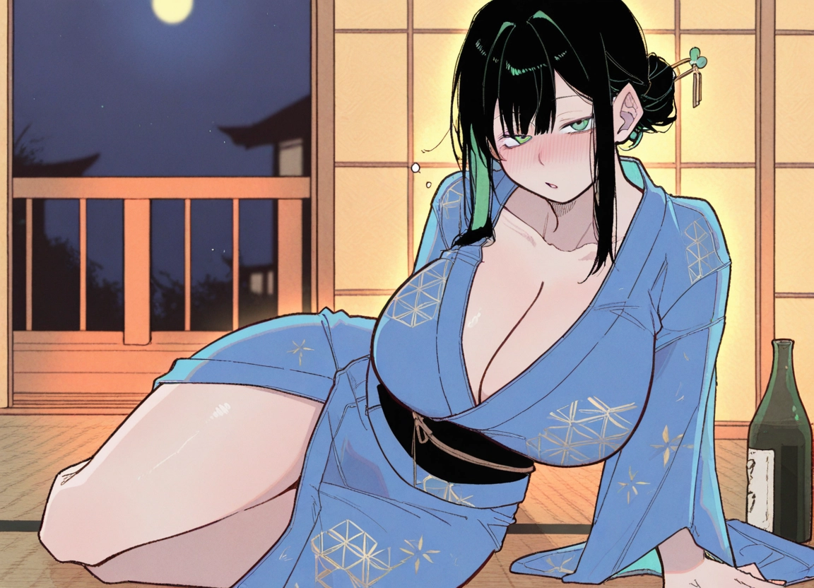 1girl, breasts, japanese clothes, kimono, black hair, cleavage · Yamete.gg