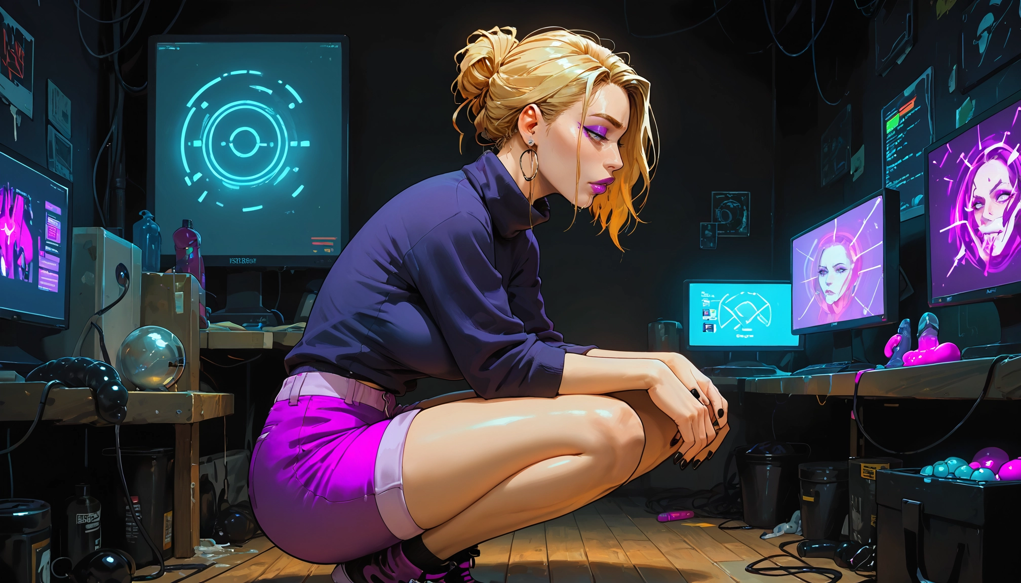 1girl, makeup, solo, earrings, single hair bun, blonde hair · Yamete.gg