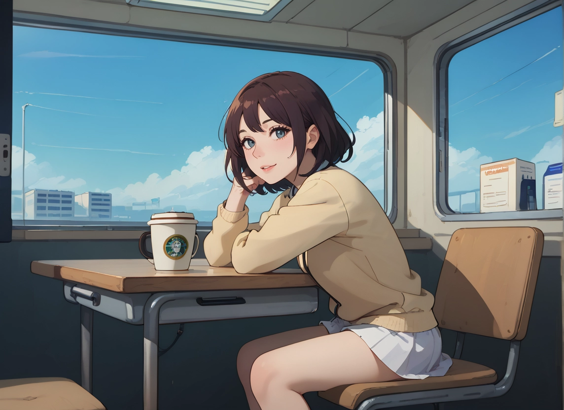 1girl, solo, skirt, sitting, brown hair, white skirt · Yamete.gg