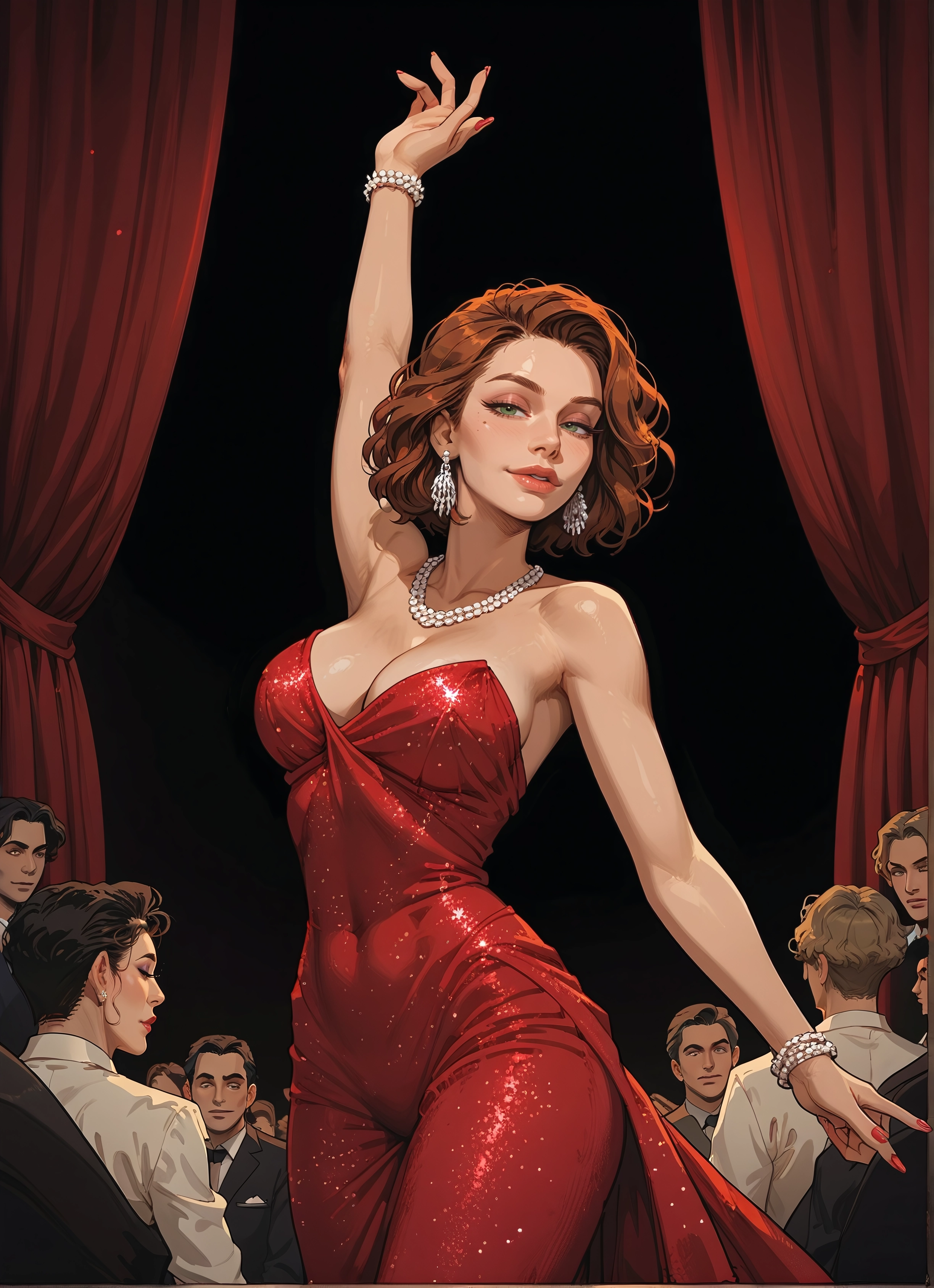 breasts, dress, jewelry, multiple boys, earrings, red dress · Yamete.gg