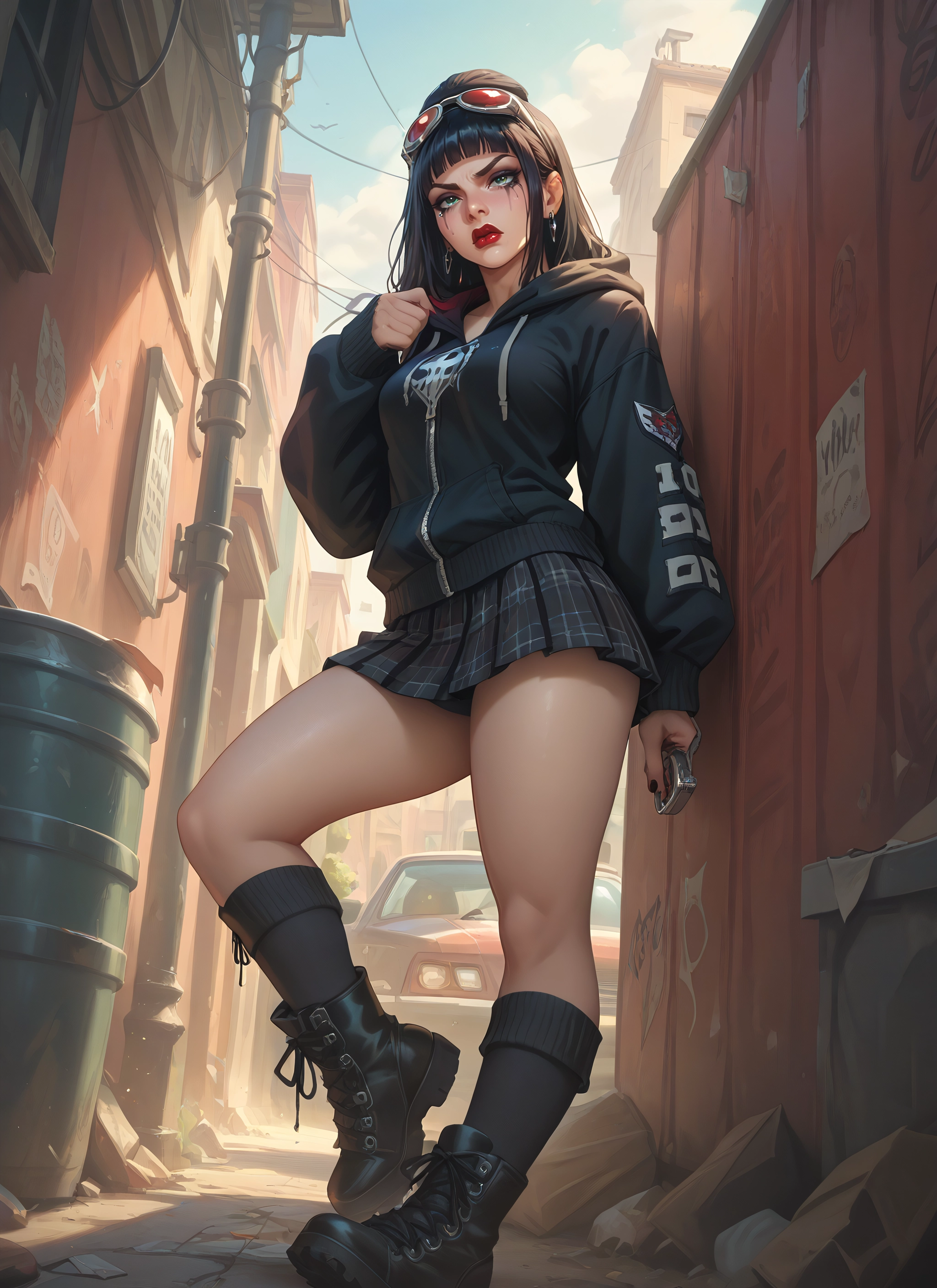 1girl, skirt, boots, motor vehicle, solo, earrings · Yamete.gg