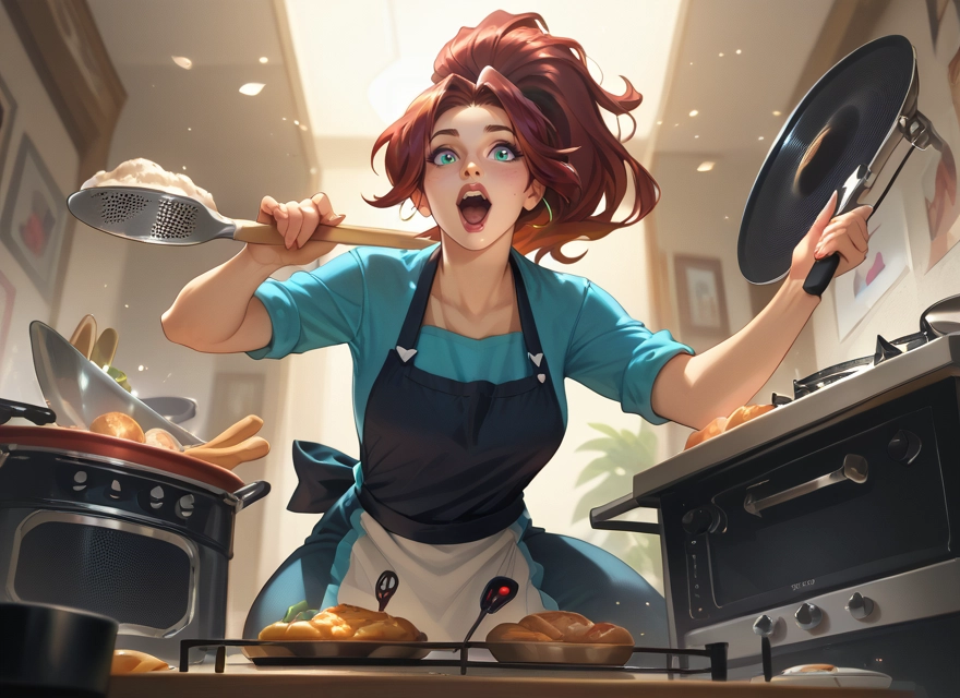 1girl, apron, open mouth, food, solo, frying pan · Yamete.gg