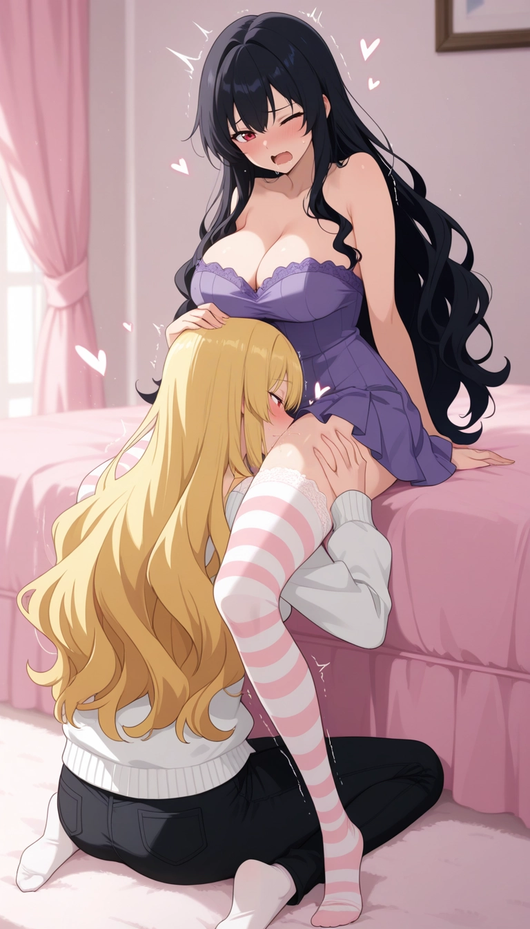 oral, thighhighs, cunnilingus, black hair, long hair, purple dress