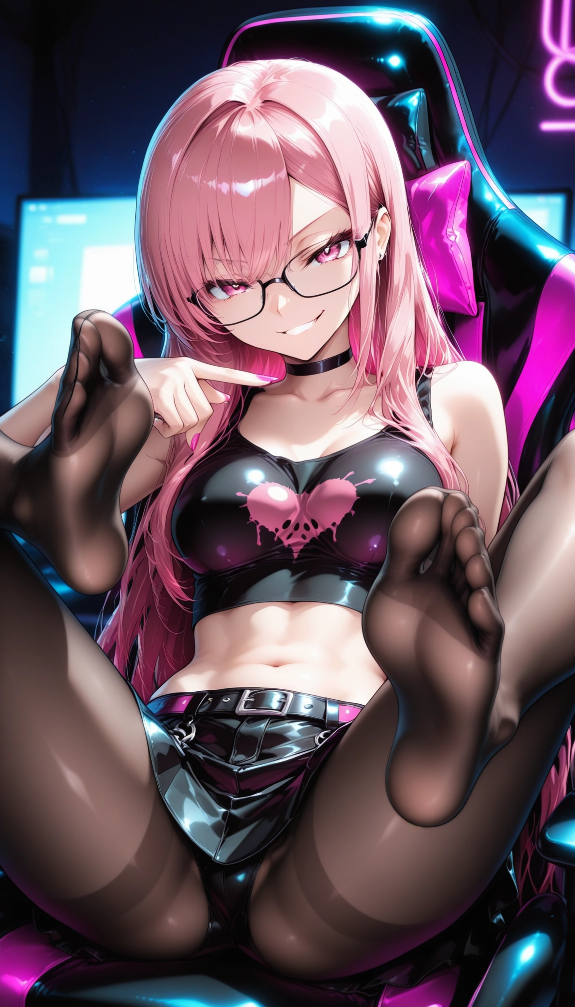 1girl, feet, pink hair, glasses, solo, pantyhose · Yamete.gg