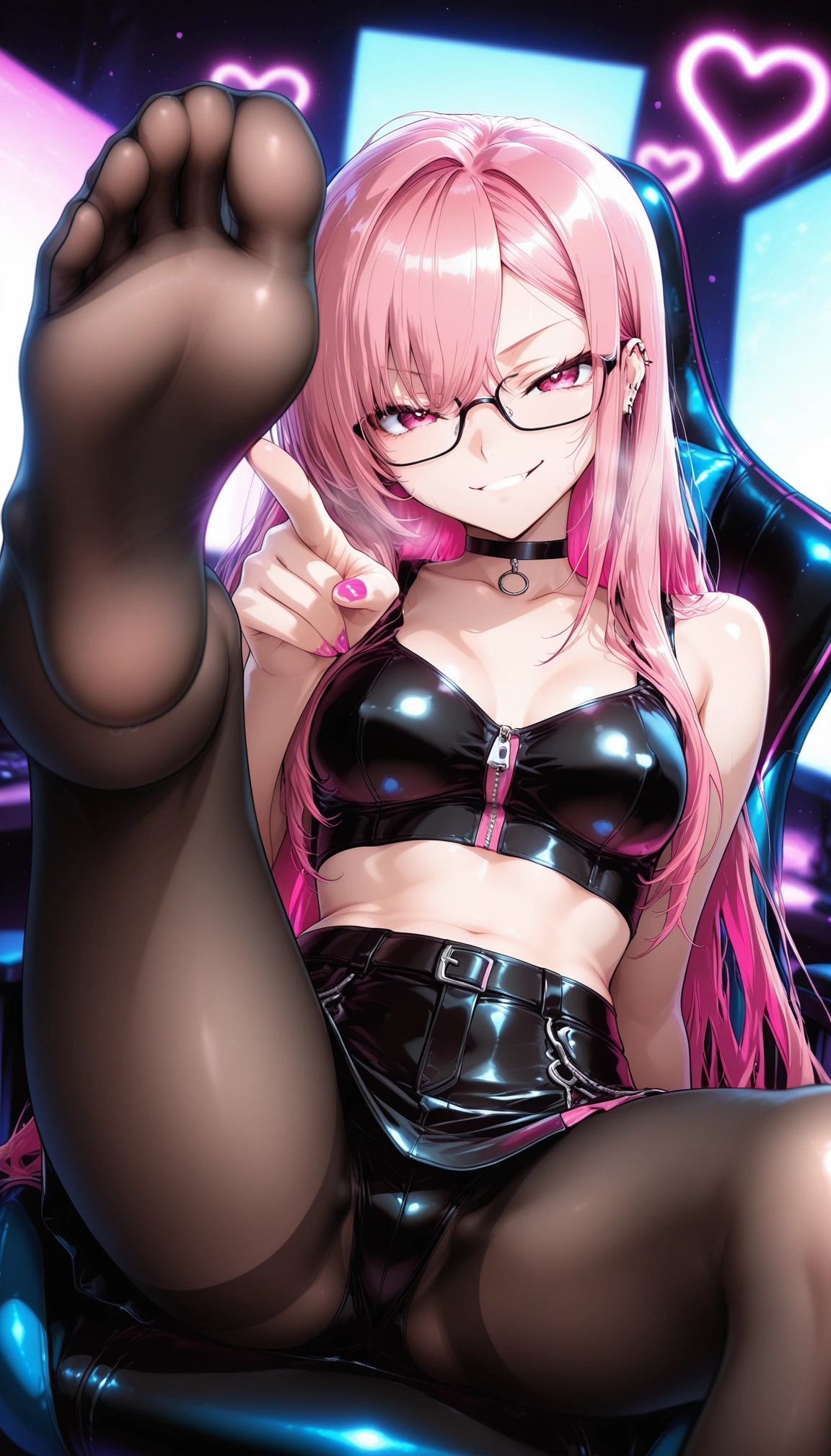 1girl, feet, pink hair, glasses, no shoes, pink nails · Yamete.gg