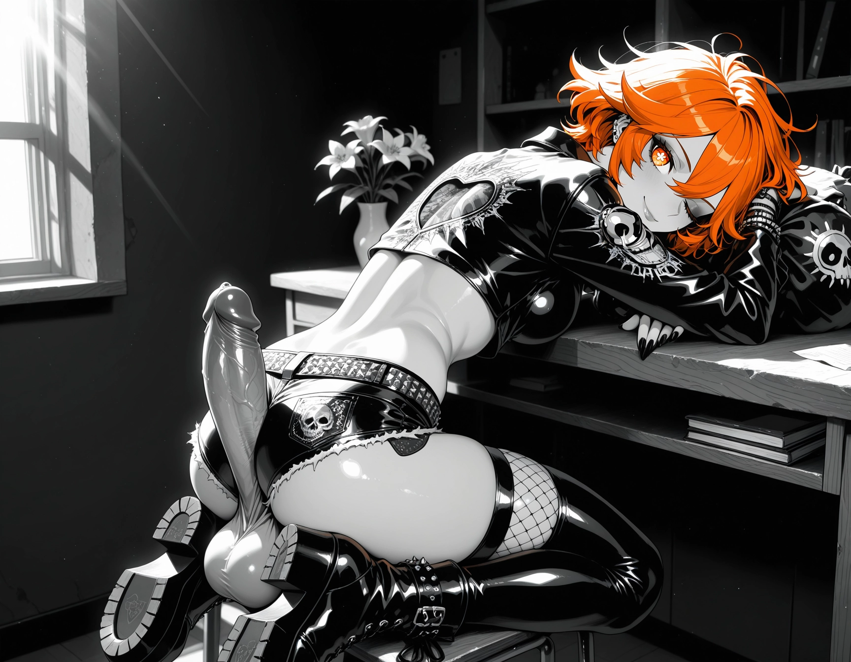 futanari, orange eyes, 1girl, solo, penis, one eye closed · Yamete.gg