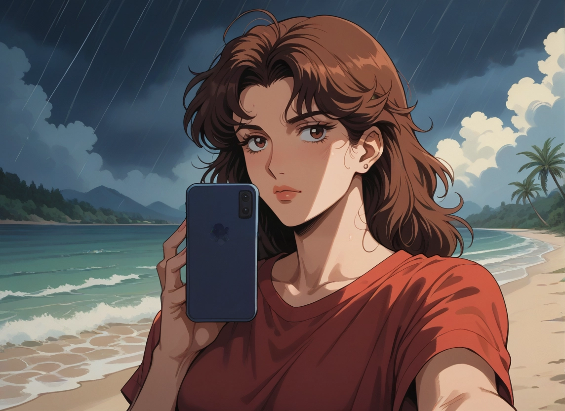 1girl, brown hair, brown eyes, selfie, solo, shirt · Yamete.gg