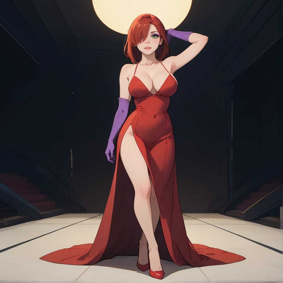 1girl, breasts, gloves, dress, solo, hair over one eye · Yamete.gg