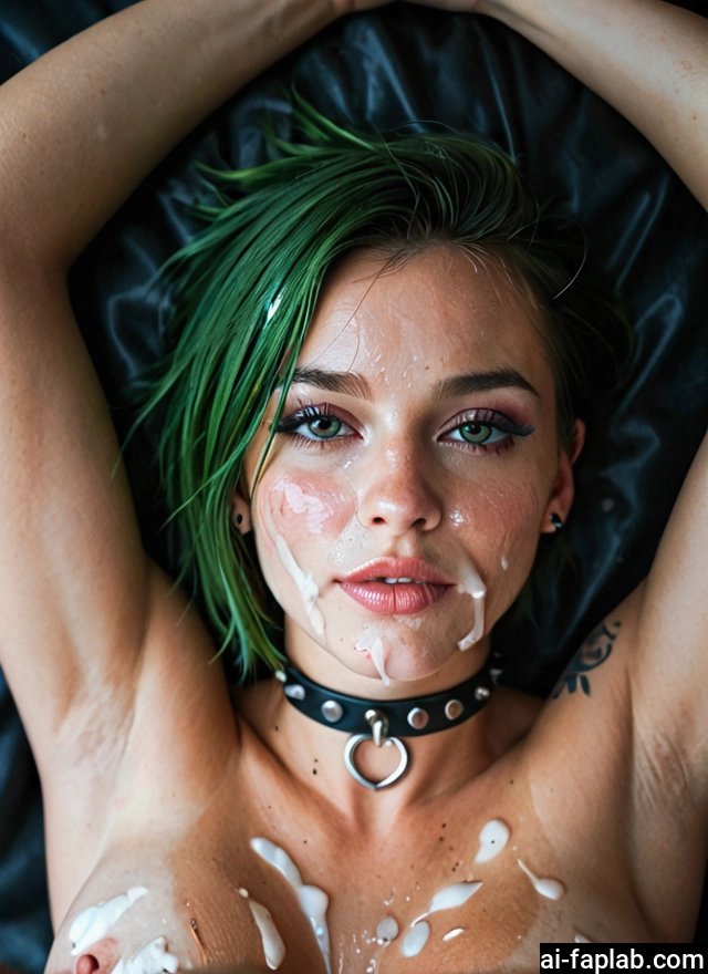 1girl, cum, solo, breasts, facial, green hair
