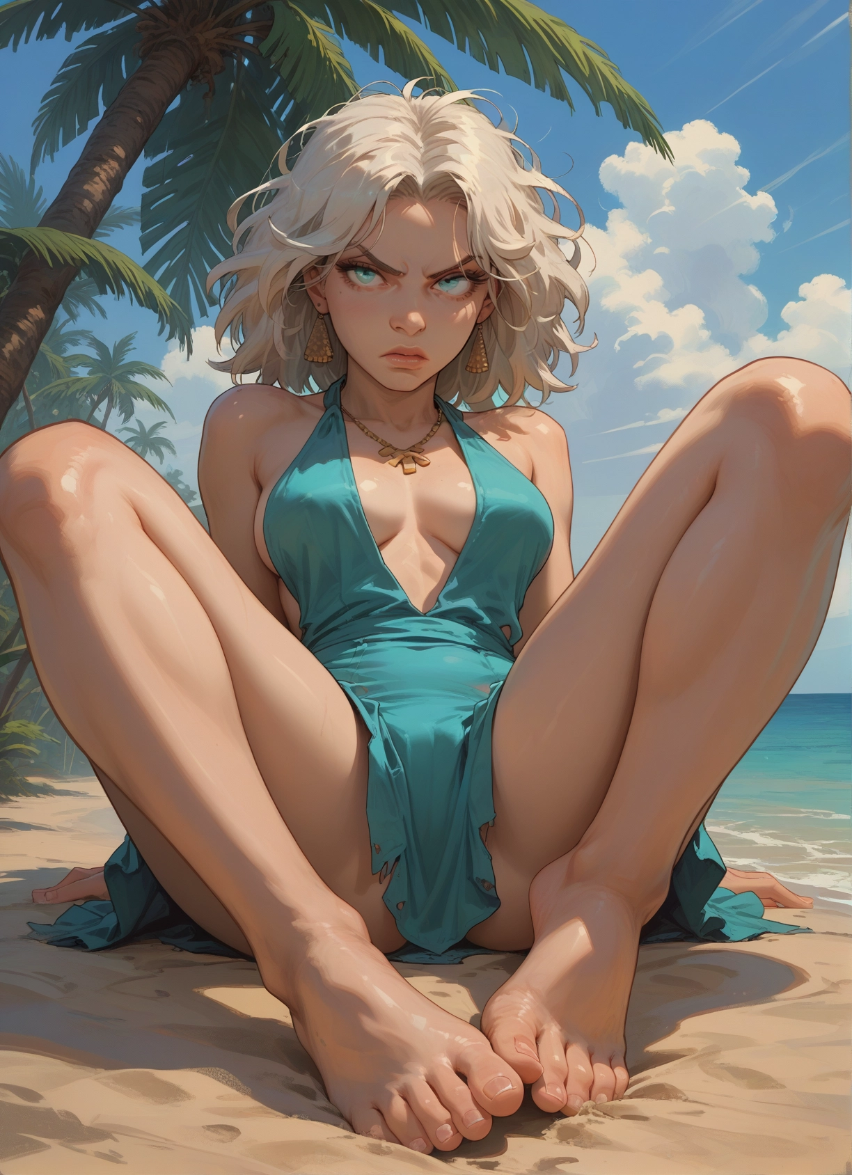 1girl, solo, jewelry, breasts, dress, barefoot · Yamete.gg