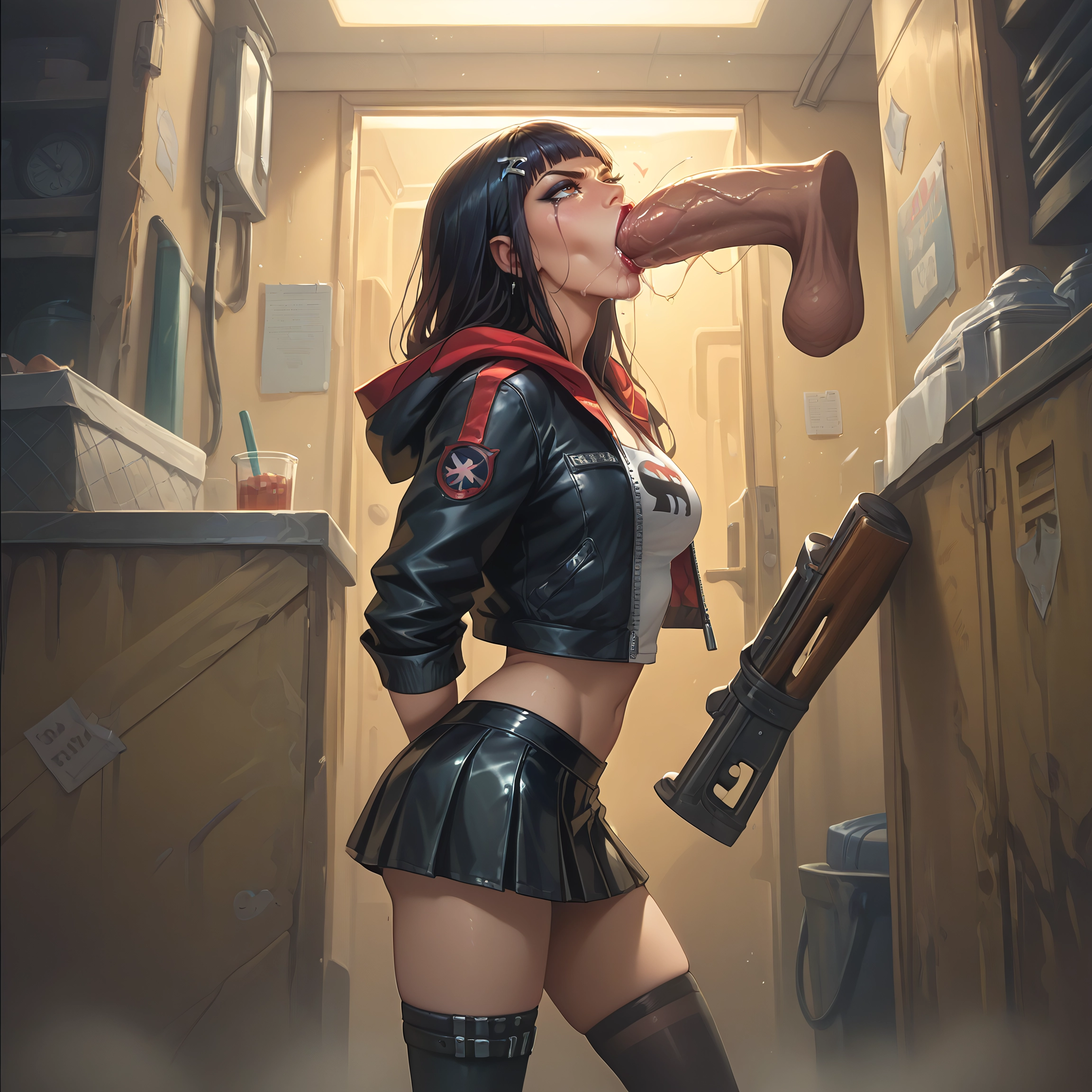 1girl, penis, thighhighs, skirt, black hair, weapon · Yamete.gg