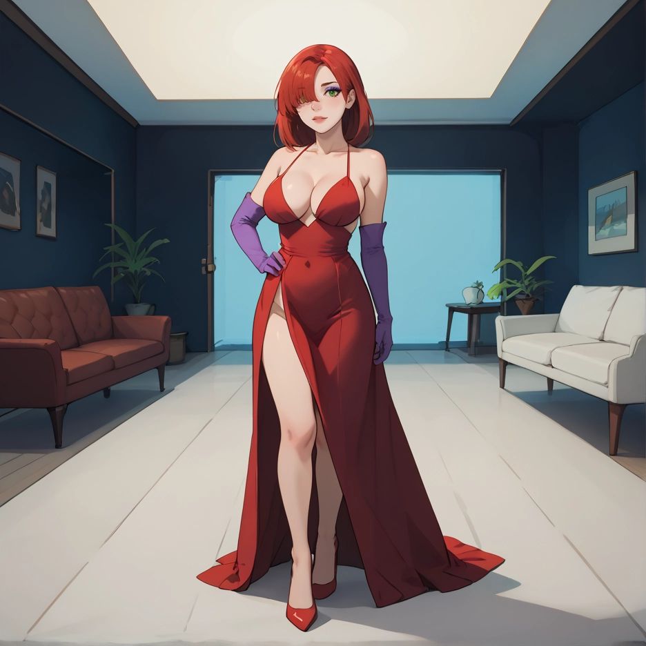 1girl, breasts, dress, gloves, green eyes, solo · Yamete.gg