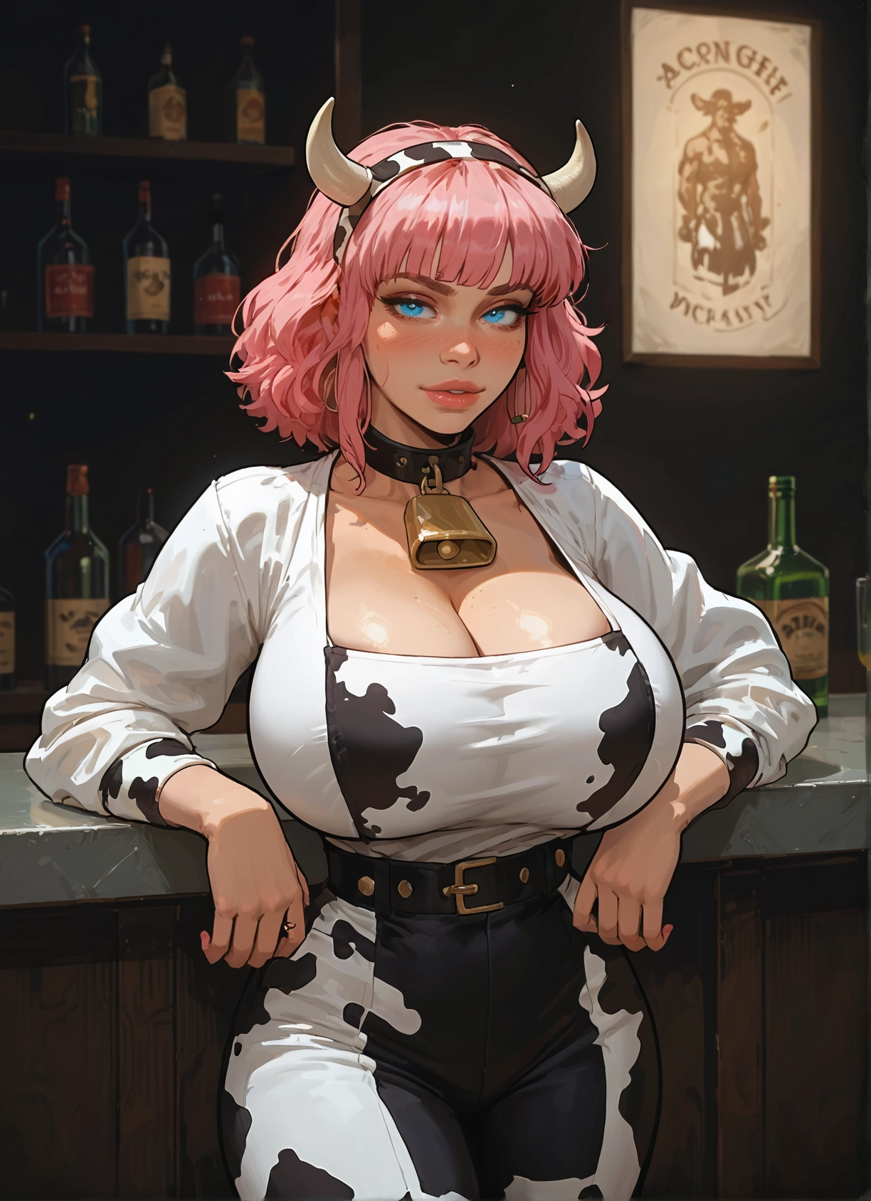 breasts, 1girl, pink hair, animal print, cow print, bell · Yamete.gg