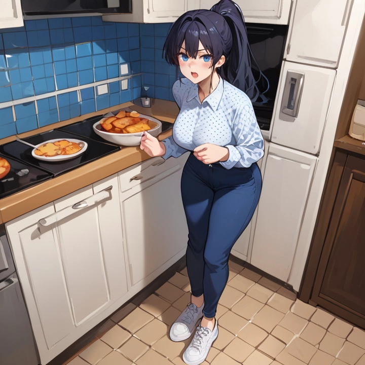 1girl, blue eyes, breasts, pants, shirt, ponytail · Yamete.gg