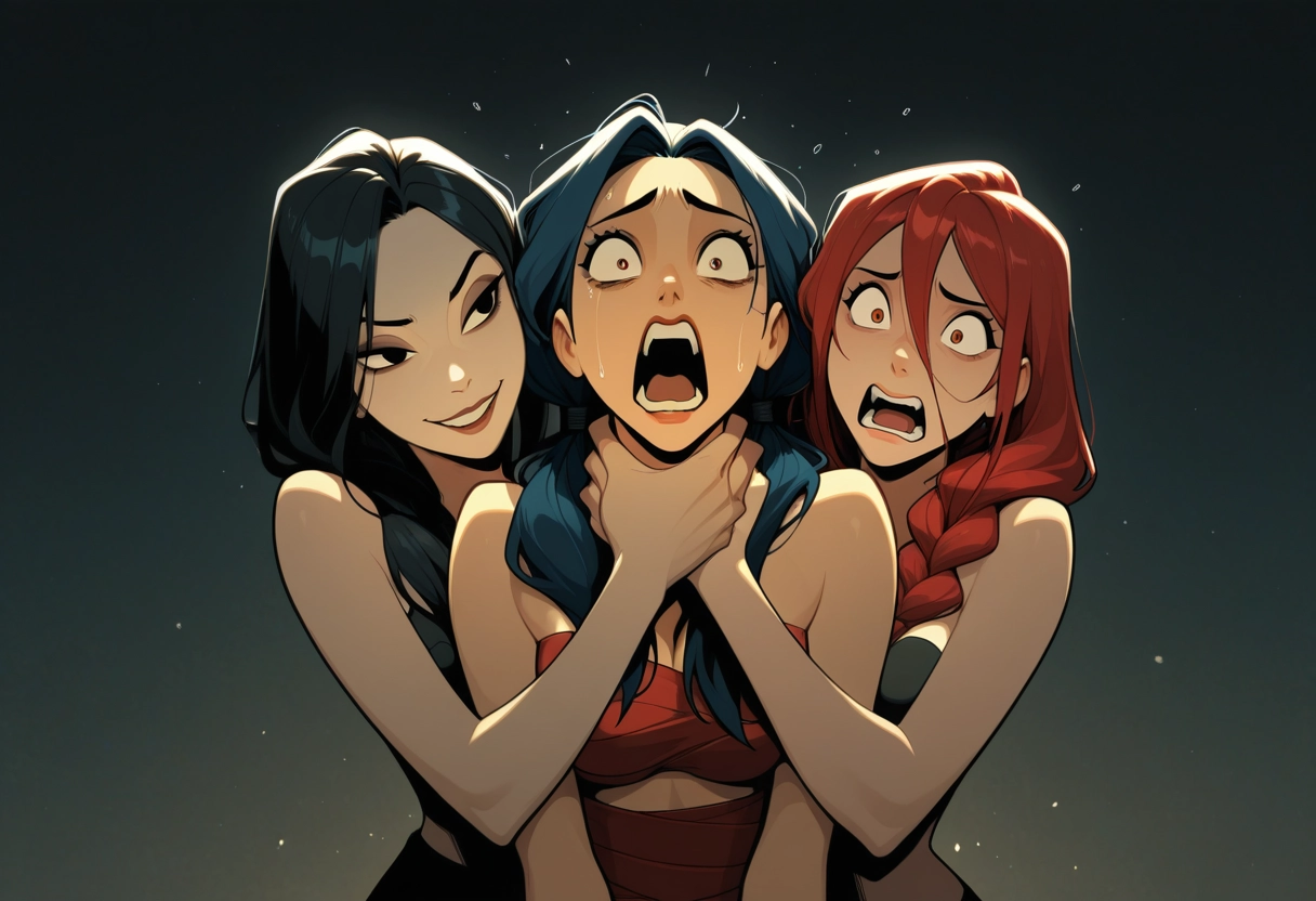 multiple girls, 3girls, black hair, red hair, open mouth, blue hair · Yamete.gg