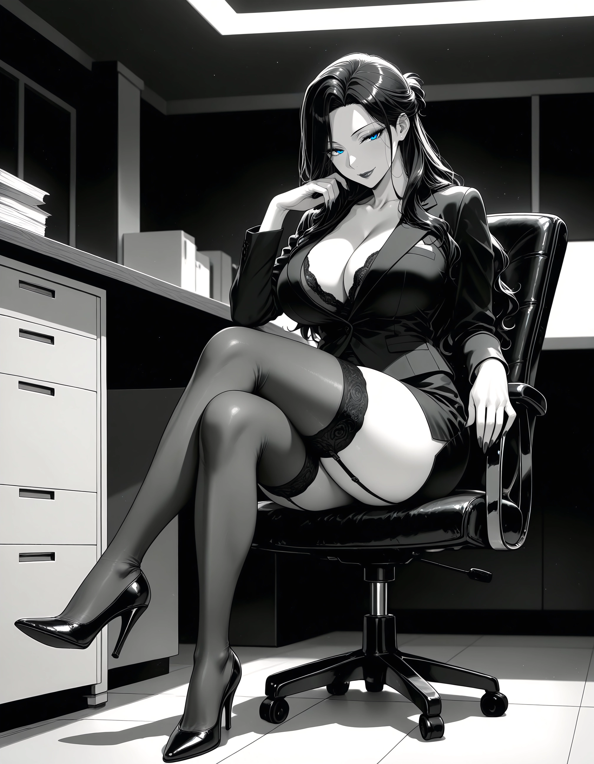 1girl, breasts, thighhighs, high heels, sitting, crossed legs · Yamete.gg