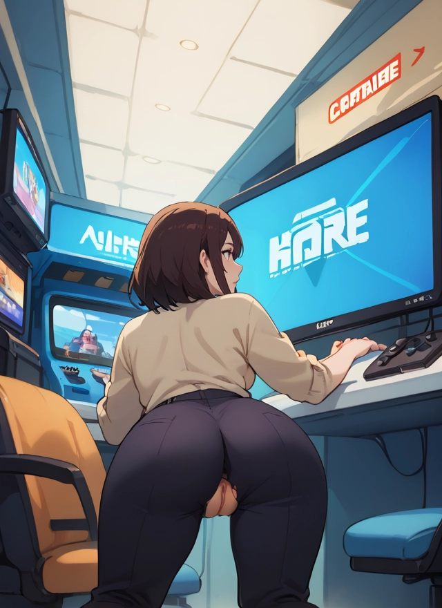 ass, 1girl, brown hair, pussy, pants, torn clothes