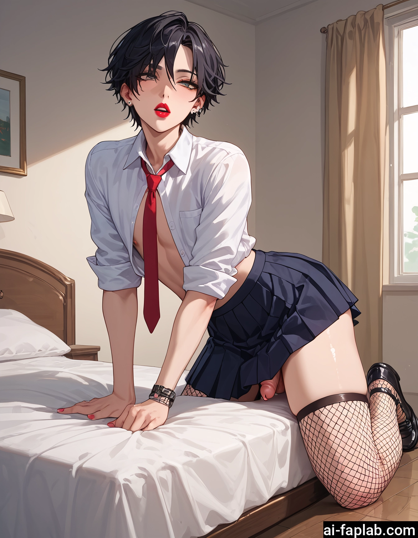 1boy, male focus, penis, skirt, fishnets, necktie · Yamete.gg