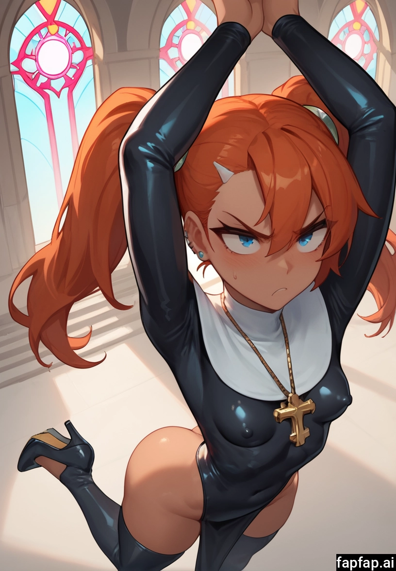 1girl, breasts, high heels, solo, orange hair, jewelry