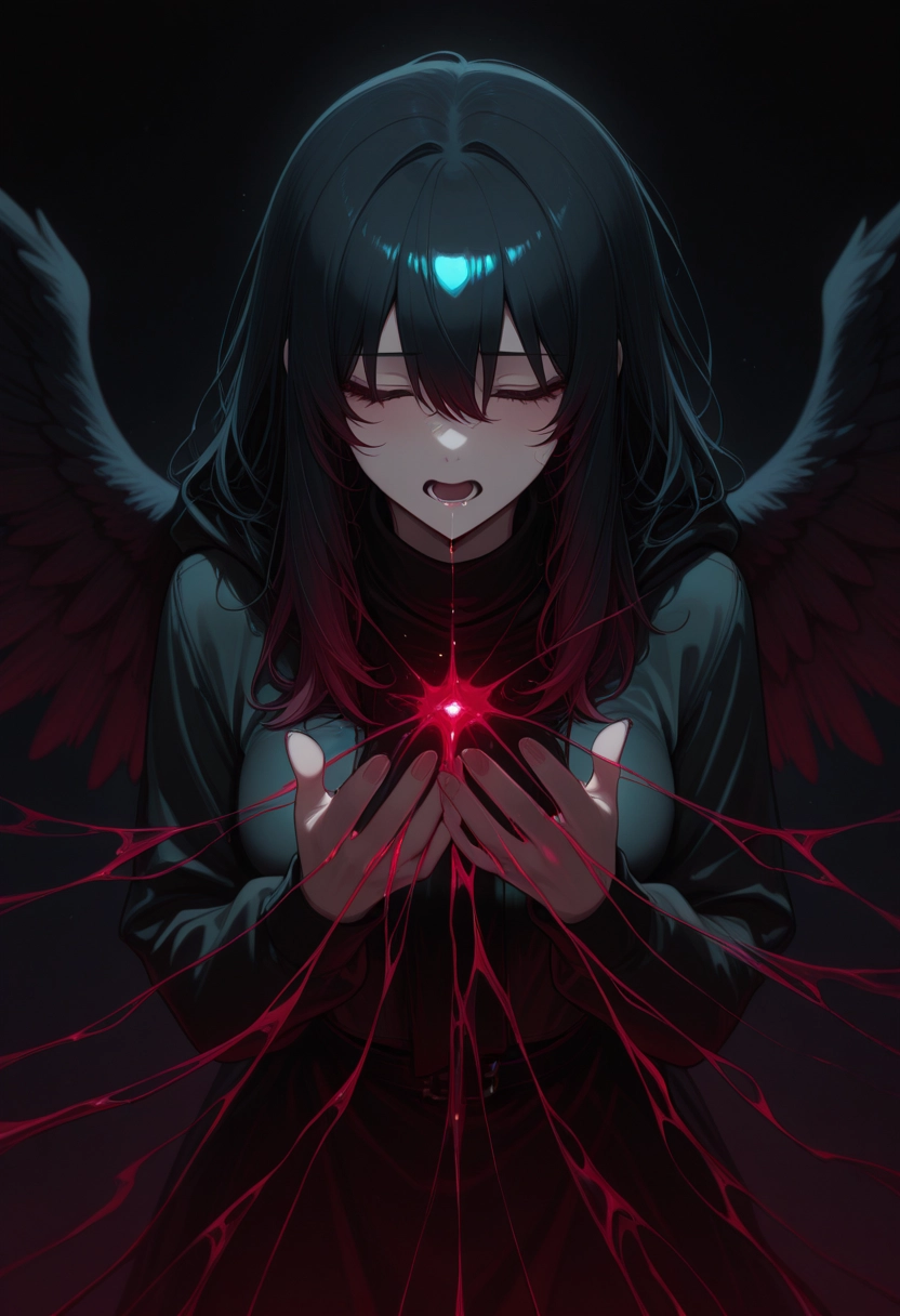 1girl, wings, solo, black hair, closed eyes, open mouth · Yamete.gg