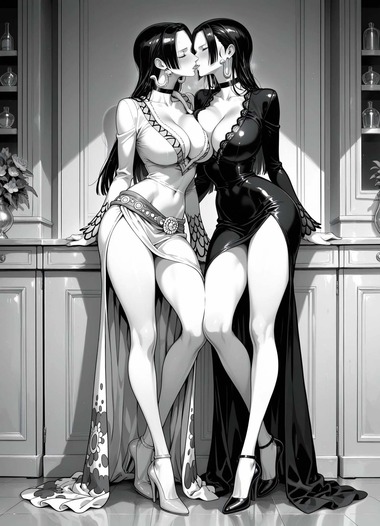 breasts, monochrome, greyscale, multiple girls, 2girls, jewelry · Yamete.gg