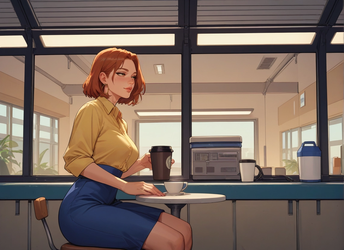 1girl, skirt, shirt, solo, sitting, cup · Yamete.gg