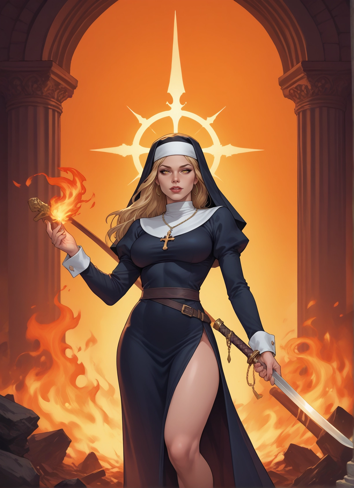1girl, weapon, sword, nun, blonde hair, solo · Yamete.gg