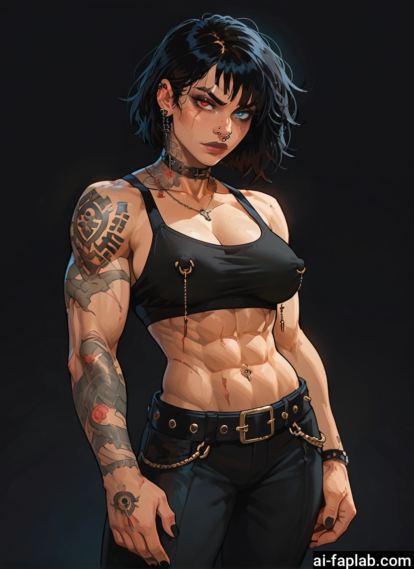 1girl, breasts, piercing, nipple piercing, tattoo, heterochromia