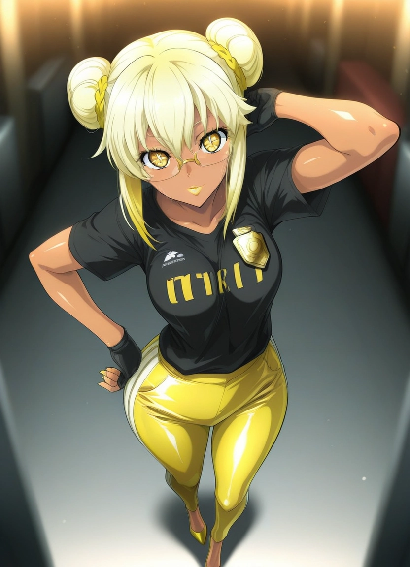 1girl, blonde hair, solo, yellow eyes, hair bun, gloves · Yamete.gg