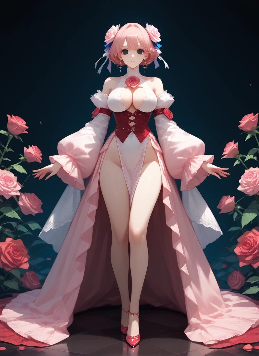 1girl, breasts, solo, pink hair, flower, hair ornament · Yamete.gg