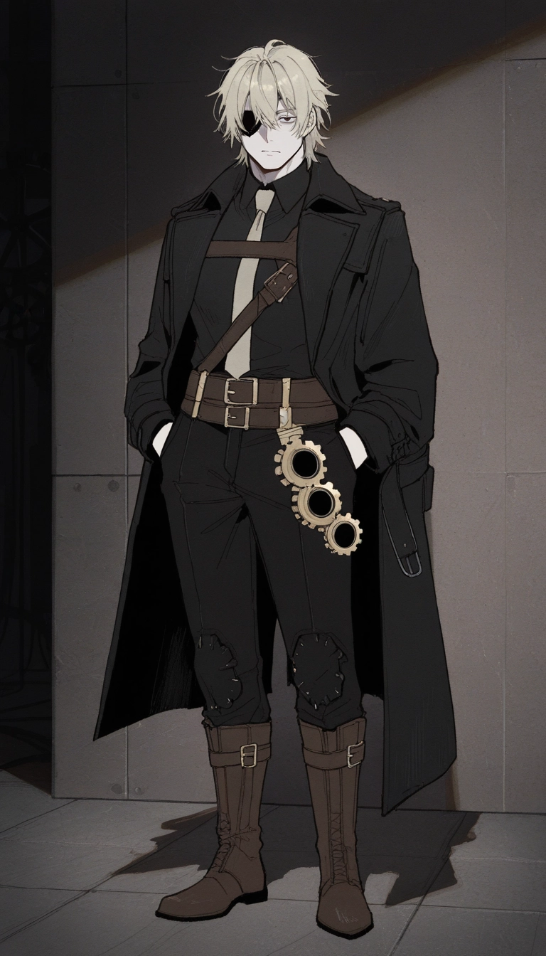 1boy, solo, male focus, hands in pockets, brown footwear, eyepatch