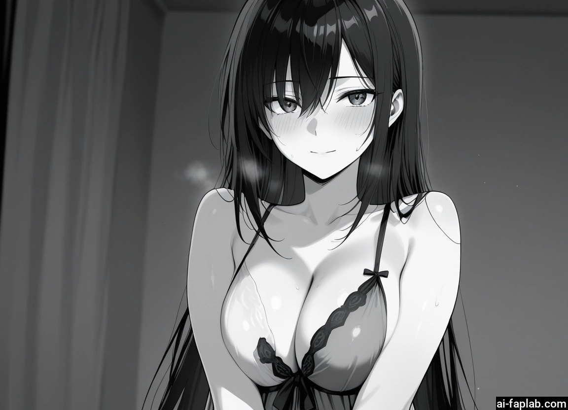 breasts, 1girl, monochrome, greyscale, long hair, solo