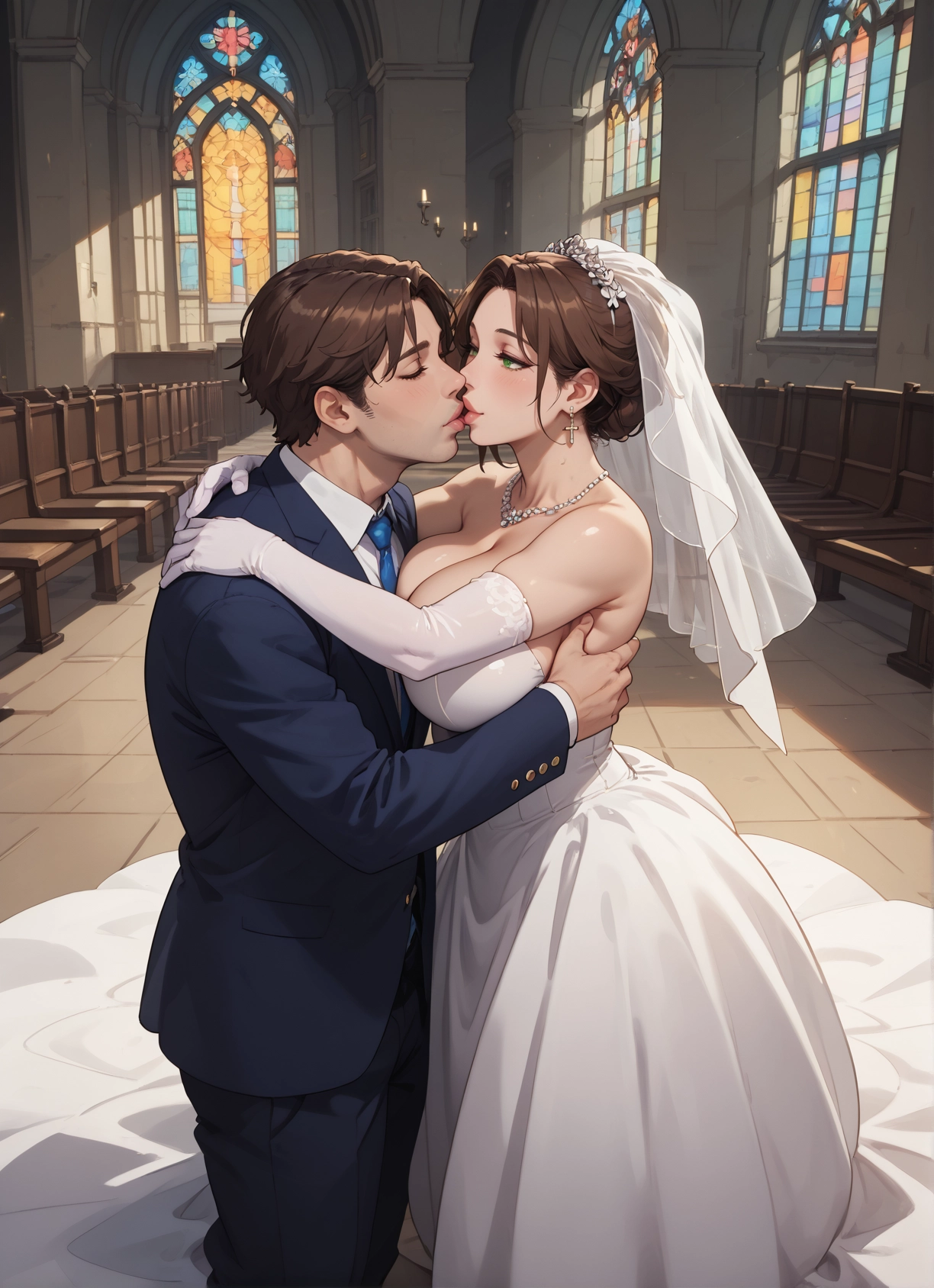 1girl, 1boy, dress, breasts, gloves, brown hair · Yamete.gg