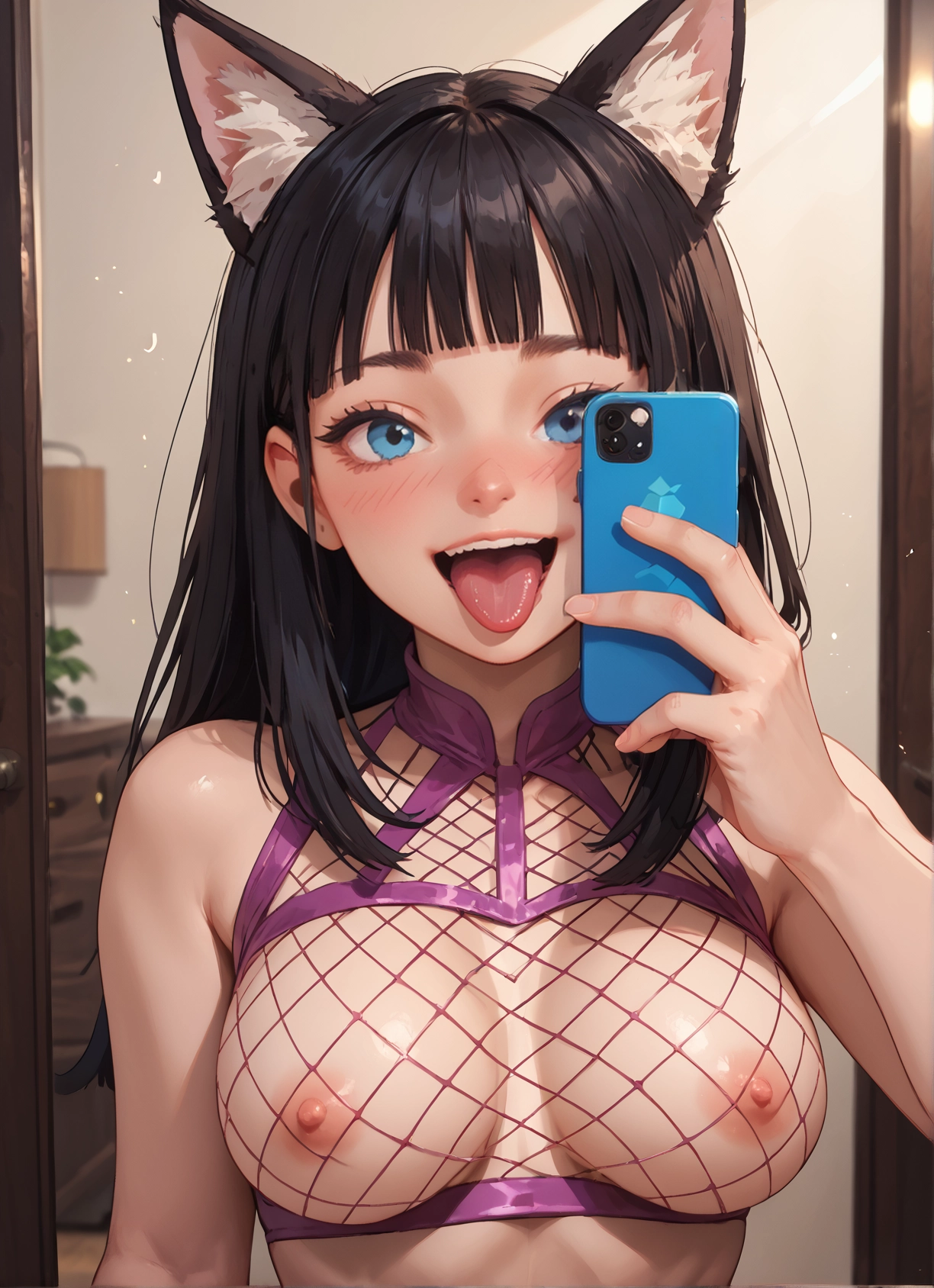 1girl, animal ears, breasts, nipples, phone, tongue · Yamete.gg