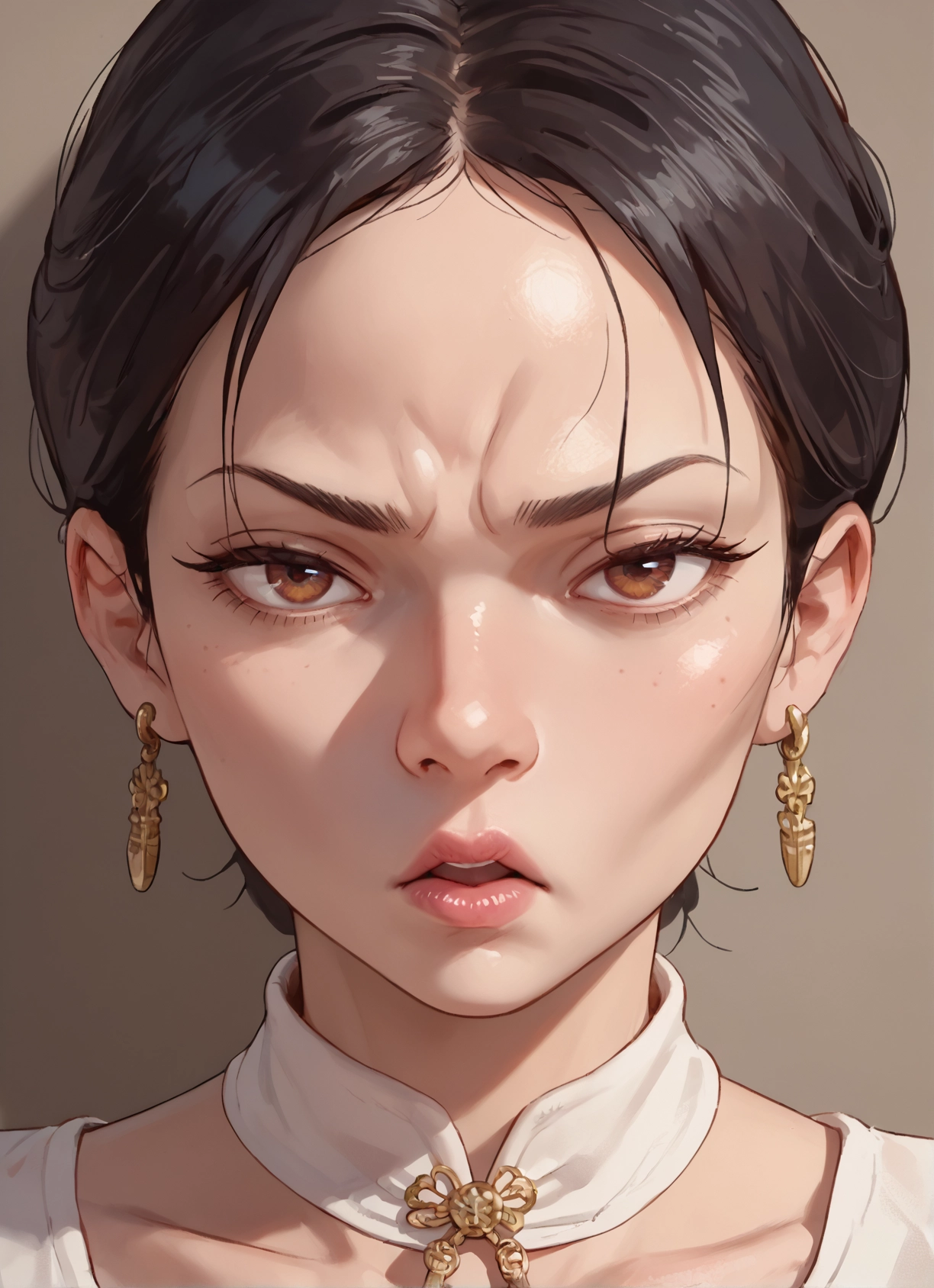 1girl, solo, jewelry, earrings, brown eyes, freckles · Yamete.gg