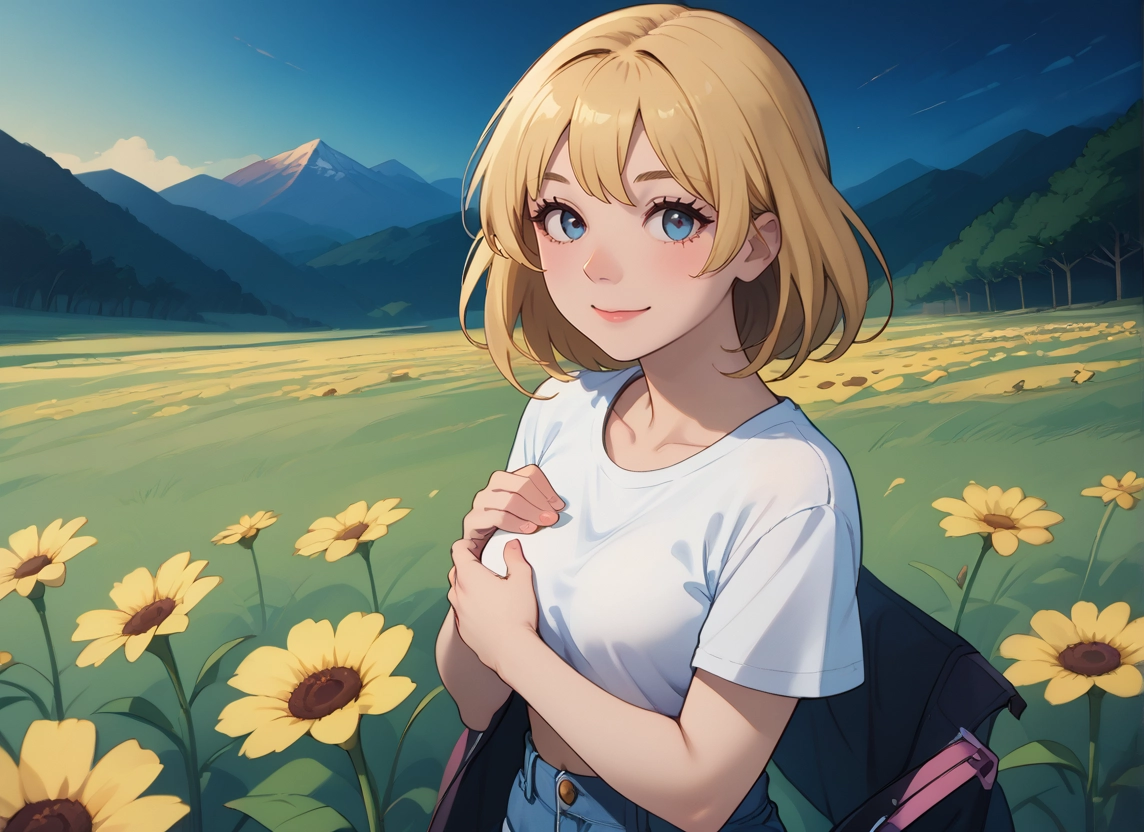 1girl, flower, solo, blue eyes, shirt, blonde hair · Yamete.gg