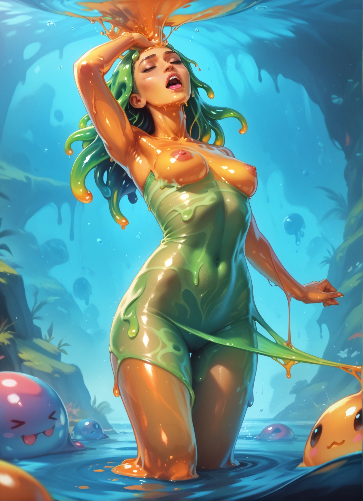 breasts, 1girl, nipples, green hair, closed eyes, monster girl · Yamete.gg