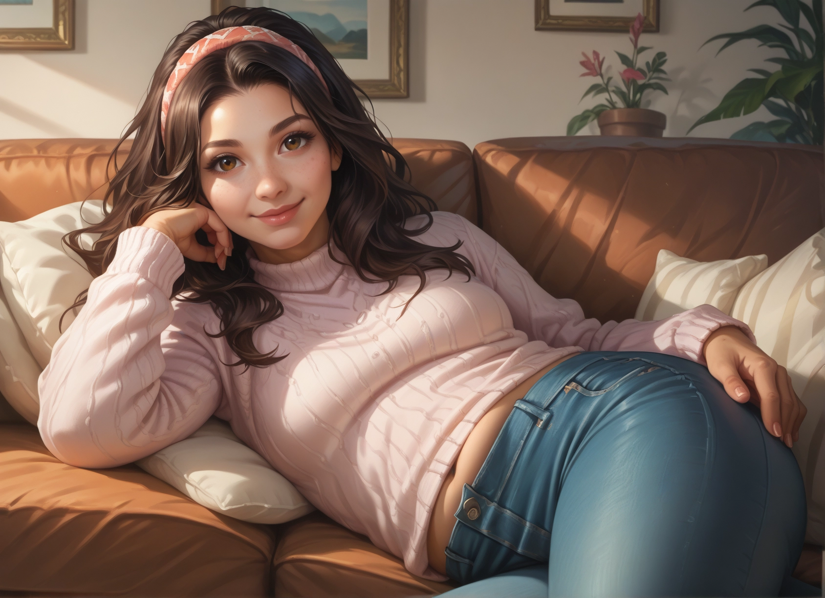 1girl, solo, sweater, pants, brown hair, brown eyes · Yamete.gg
