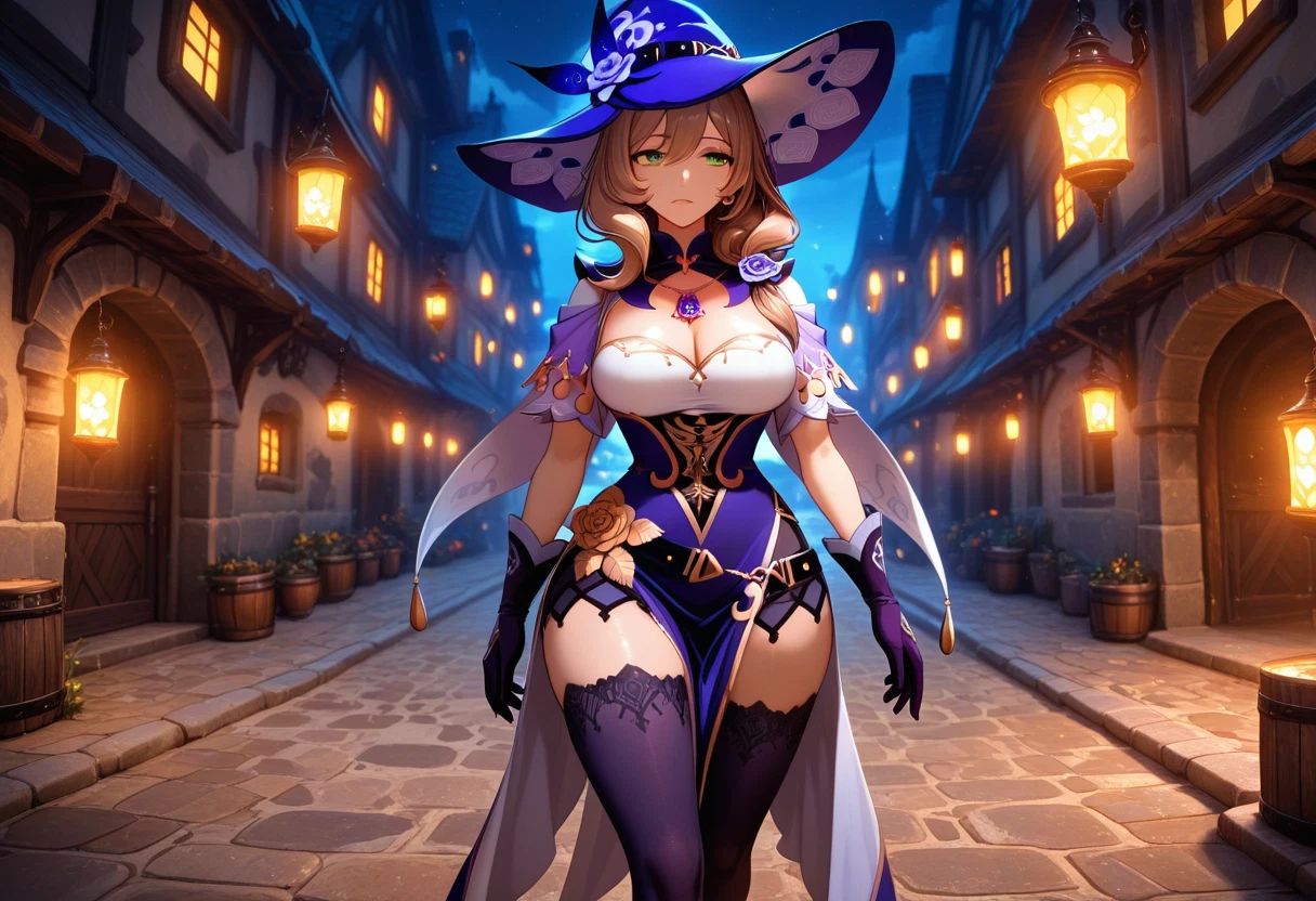1girl, lisa (genshin impact), breasts, hat, green eyes, solo