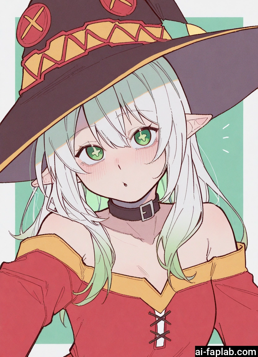 1girl, hat, green eyes, solo, witch hat, pointy ears