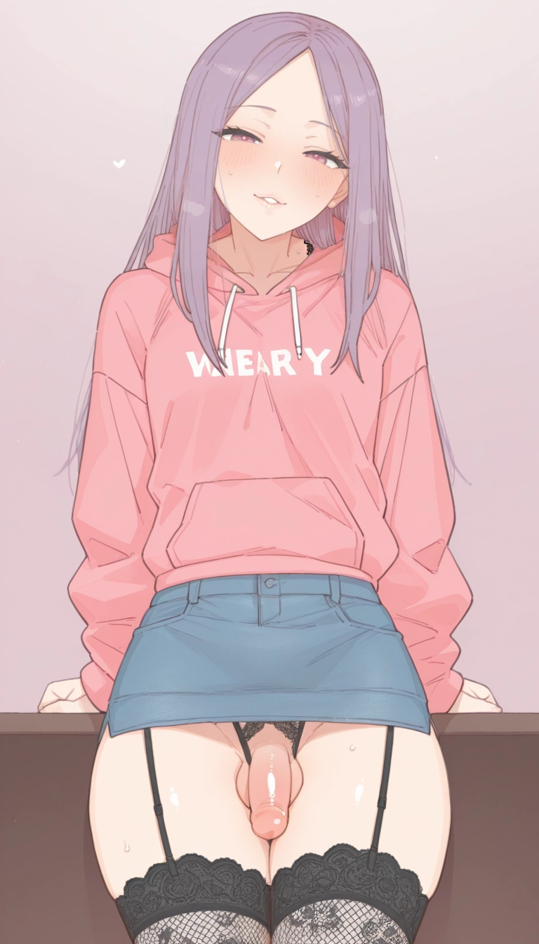 otoko no ko, solo, male focus, purple hair, penis, thighhighs · Yamete.gg