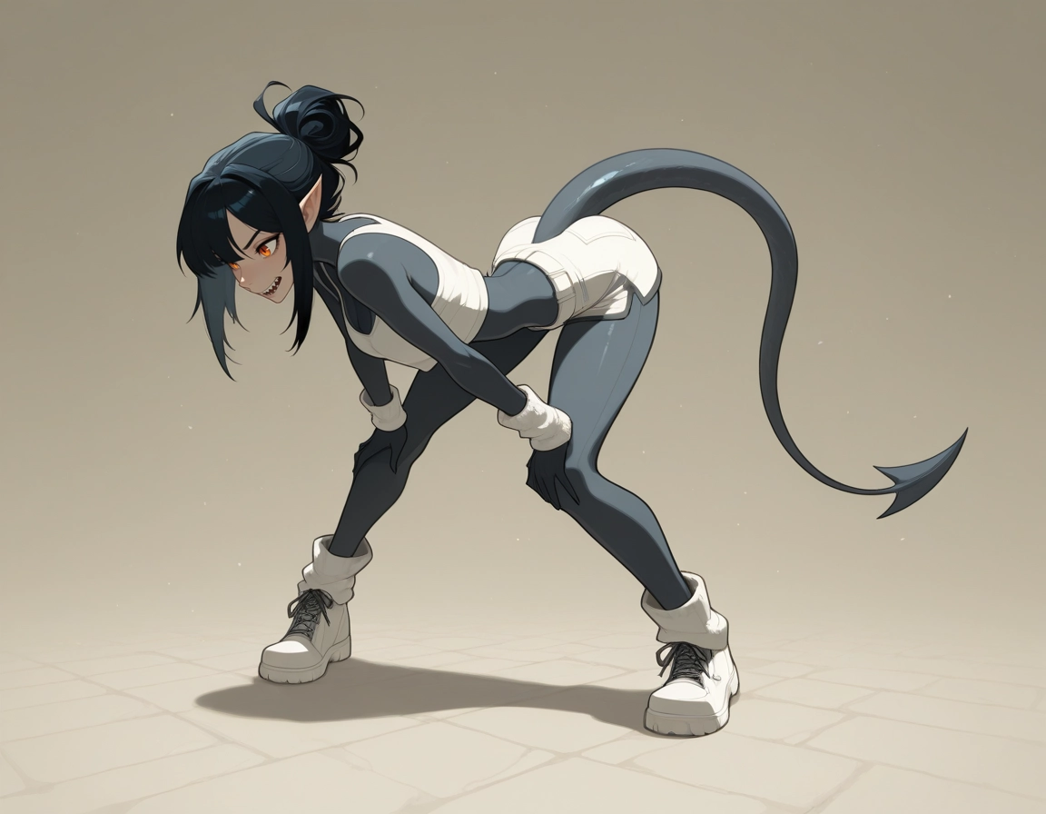 tail, 1girl, solo, hands on own knees, teeth, pointy ears · Yamete.gg