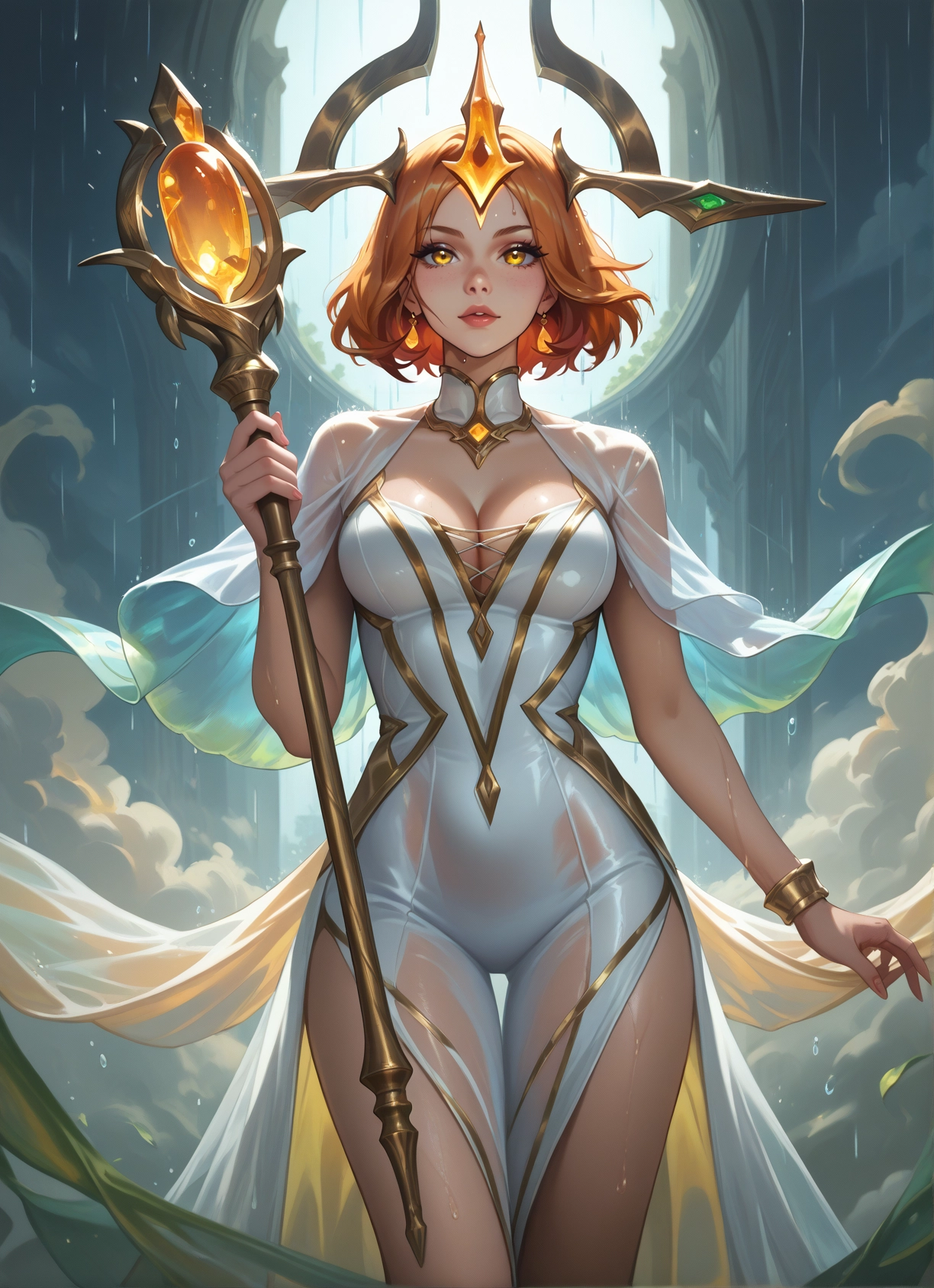 1girl, breasts, solo, jewelry, dress, staff · Yamete.gg
