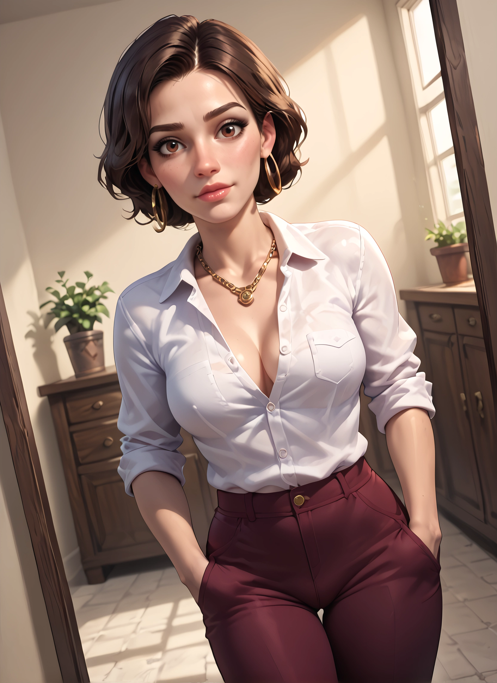 1girl, breasts, jewelry, solo, earrings, brown hair · Yamete.gg