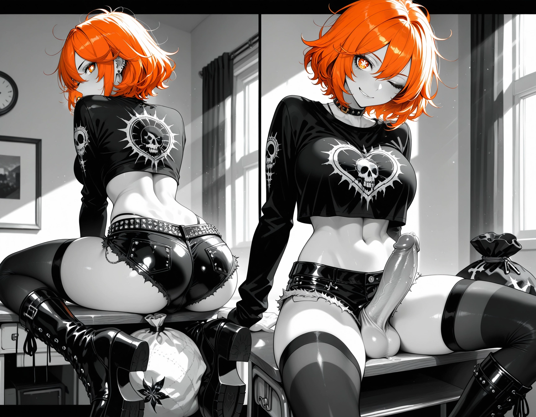 futanari, testicles, thighhighs, shorts, penis, crop top · Yamete.gg